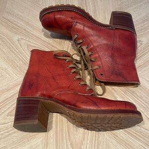 FRYE Red Leather Heel Lace up Boots